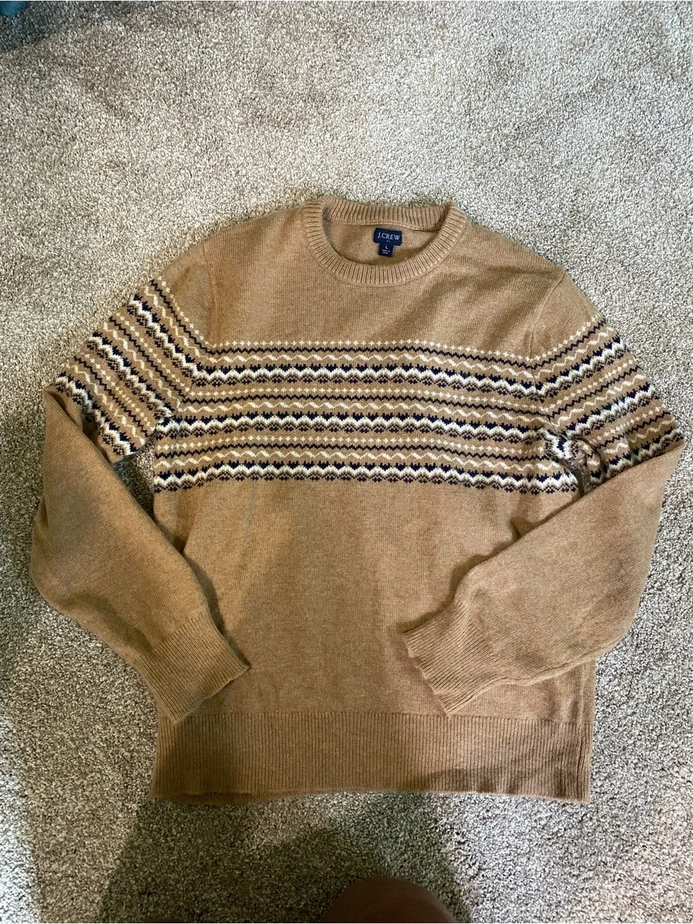 J. Crew Men’s Camel Crewneck with Black & Cream Fair Isle